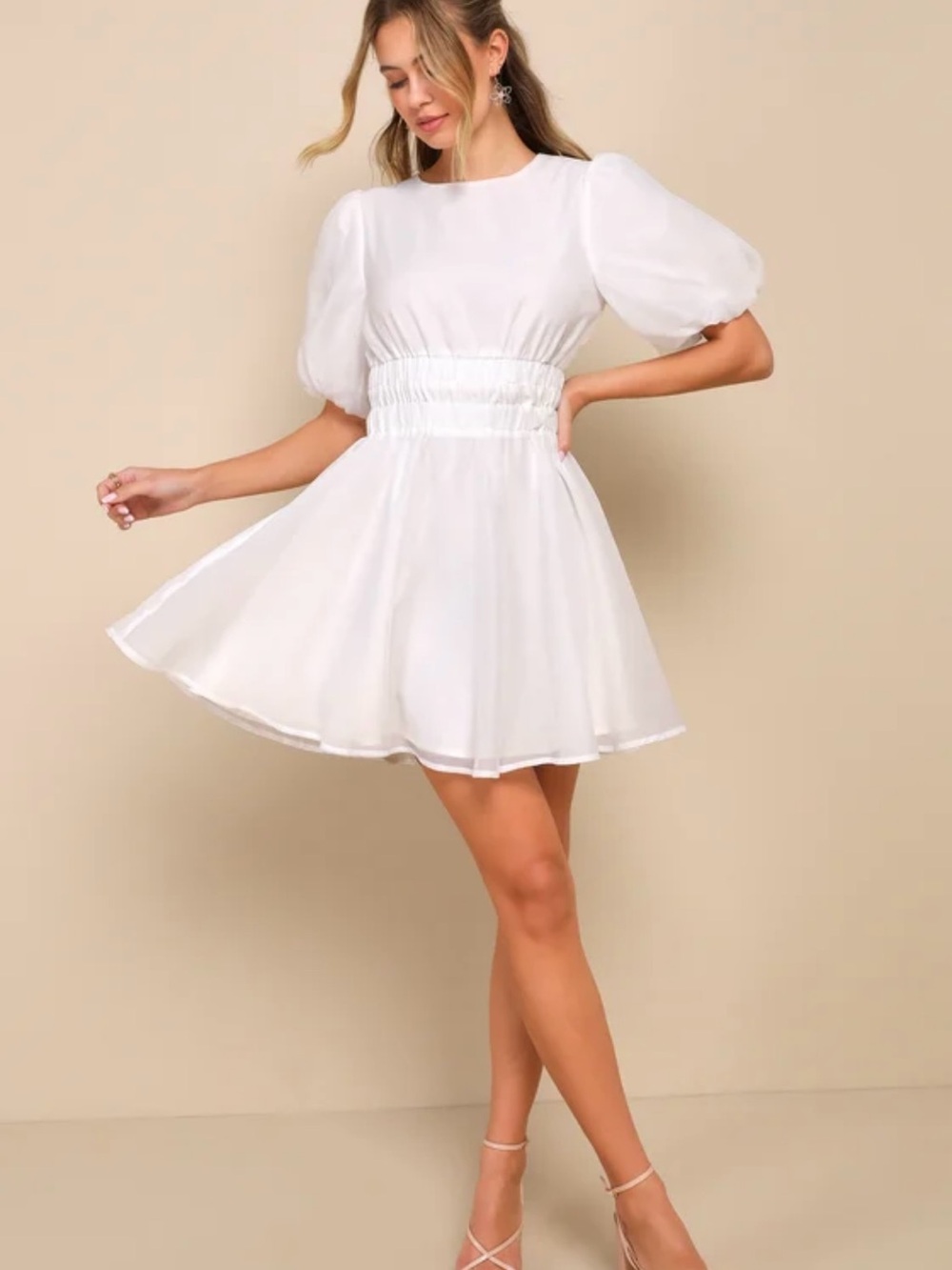 Lulu's White Puff Sleeve Shirred Waist Mini Dress